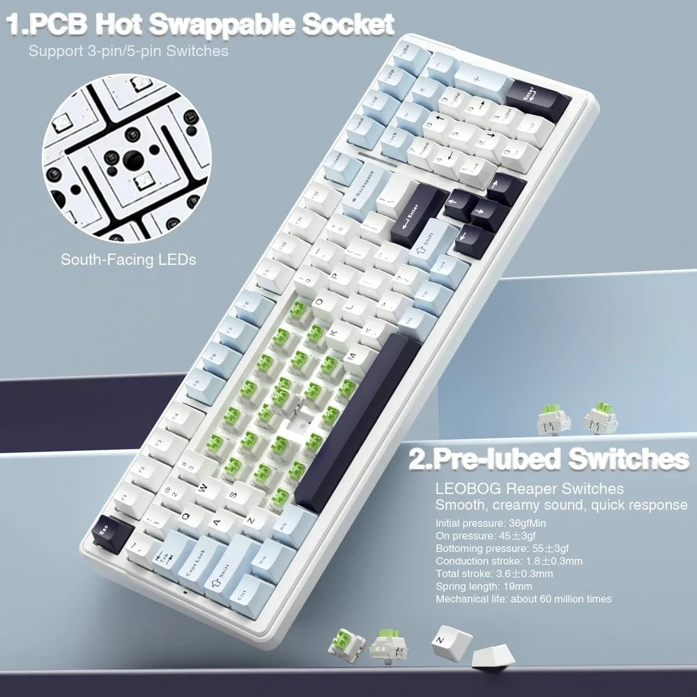 AULA F99 Wireless Mechanical Keyboard Hot Swappable RGB Backlit Blue White